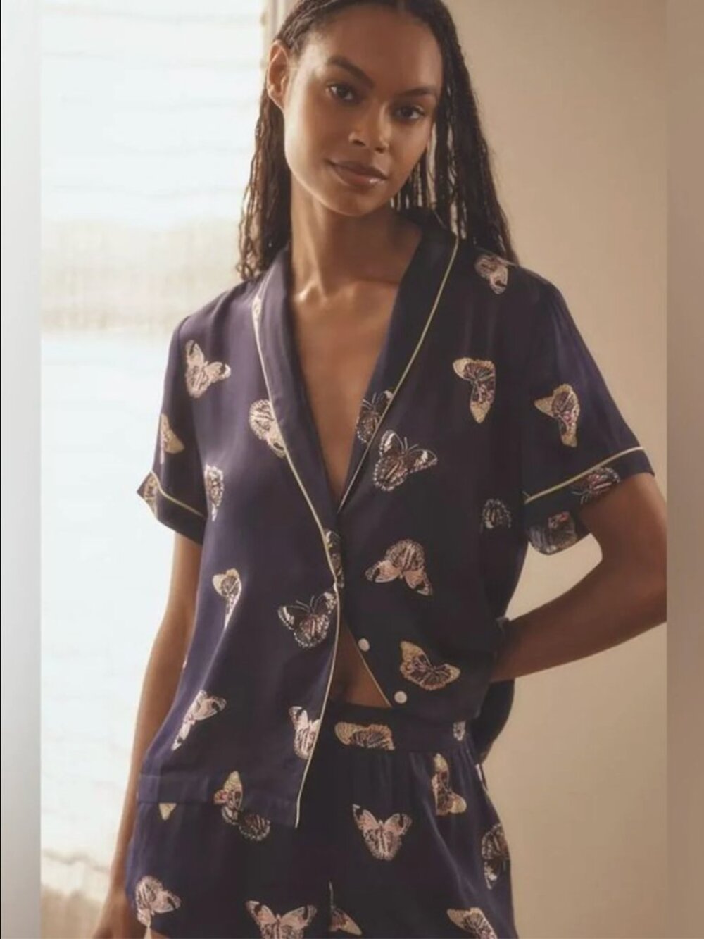 Anthropologie Lyrebird Silky Viscose Navy Blue Butterfly Pattern Pajama Top
